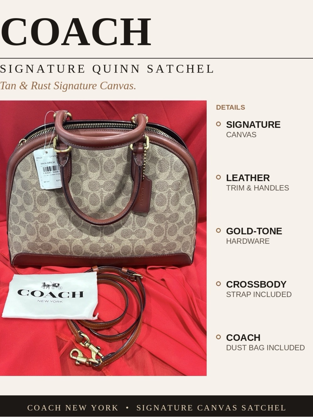 BRAND NEW Coach Tan Signature Satchel with Brown Leather Trim and Gold Hardware